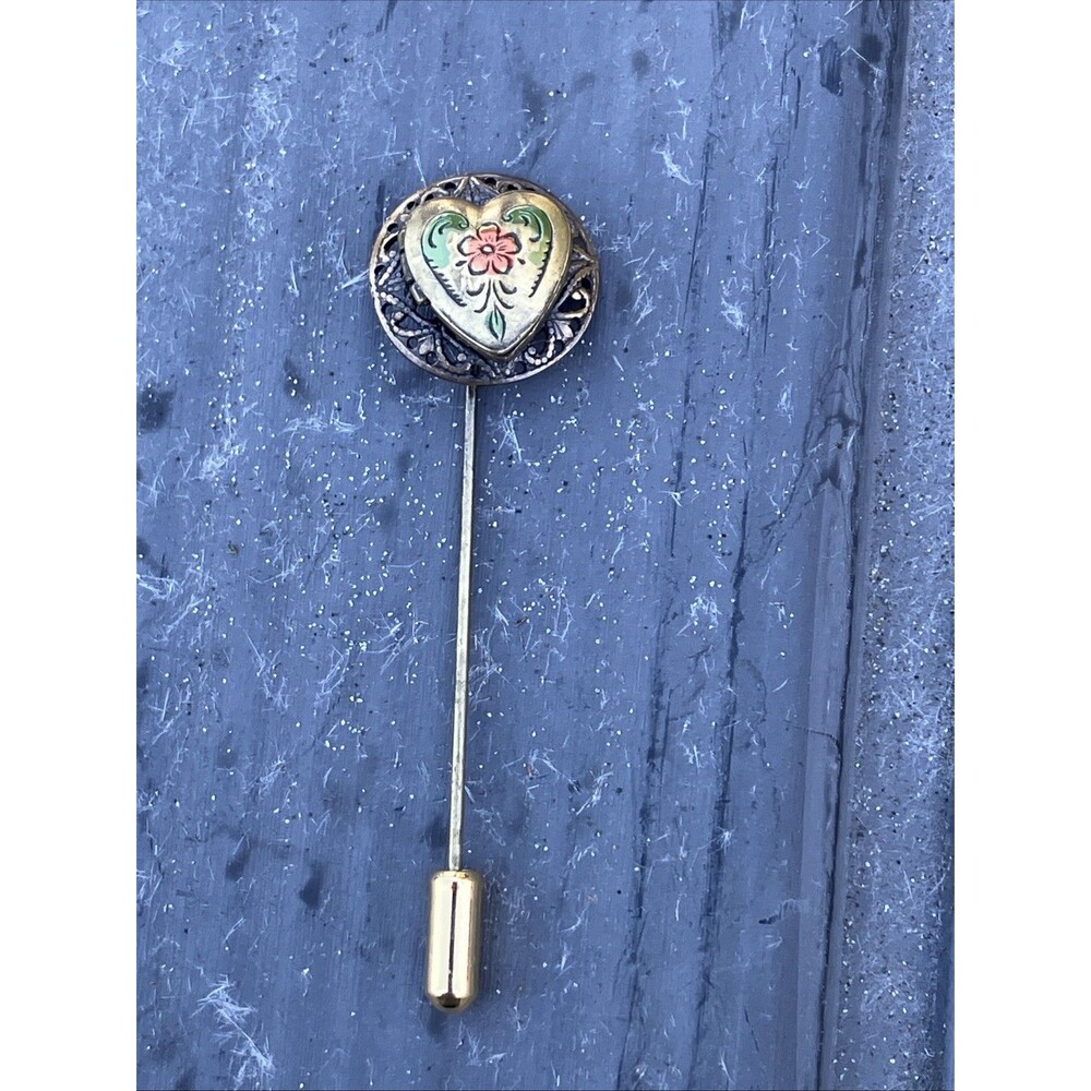 Vintage Victorian Revival Brass Heart Locket Stick Pin Enamel Floral Statement
